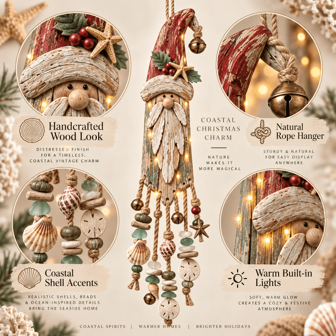 🔔🎄Vintage Coastal Santa Lighted Wall Decor – Beach House Christmas Hanging with Starfish, Shells & Warm Glow🌙