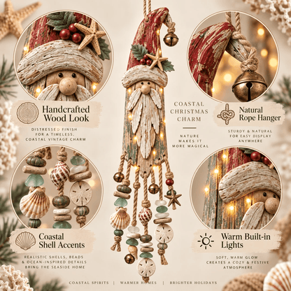 🔔🎄Vintage Coastal Santa Lighted Wall Decor – Beach House Christmas Hanging with Starfish, Shells & Warm Glow🌙
