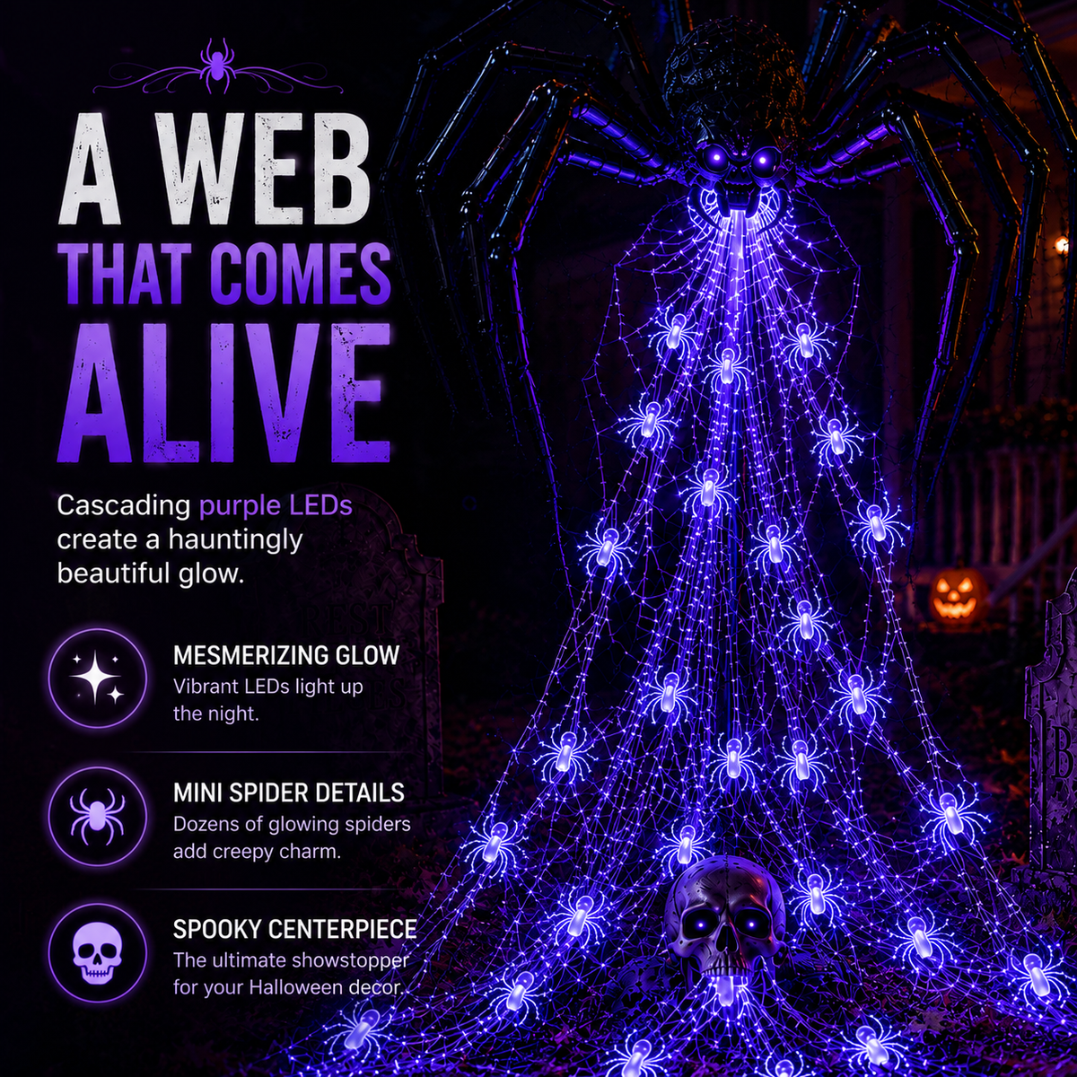 🔥HOT SALE 50% OFF -🕷️ Halloween Spider Web Light Show™ | Glowing LED Spider Yard Decor for Spooky Outdoor Displays