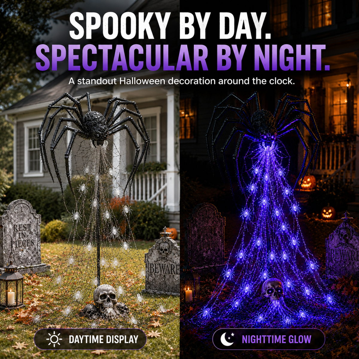 🔥HOT SALE 50% OFF -🕷️ Halloween Spider Web Light Show™ | Glowing LED Spider Yard Decor for Spooky Outdoor Displays