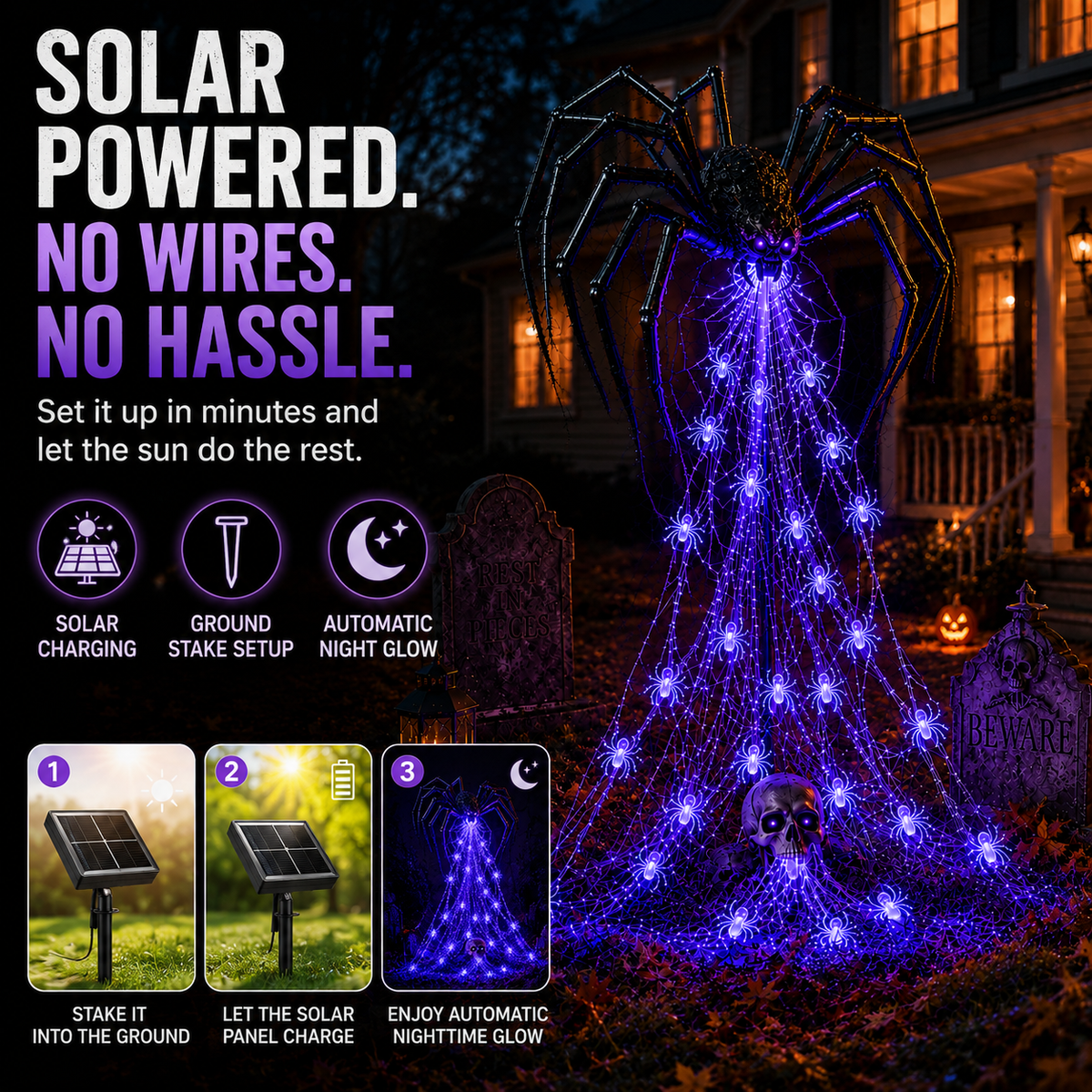 🔥HOT SALE 50% OFF -🕷️ Halloween Spider Web Light Show™ | Glowing LED Spider Yard Decor for Spooky Outdoor Displays