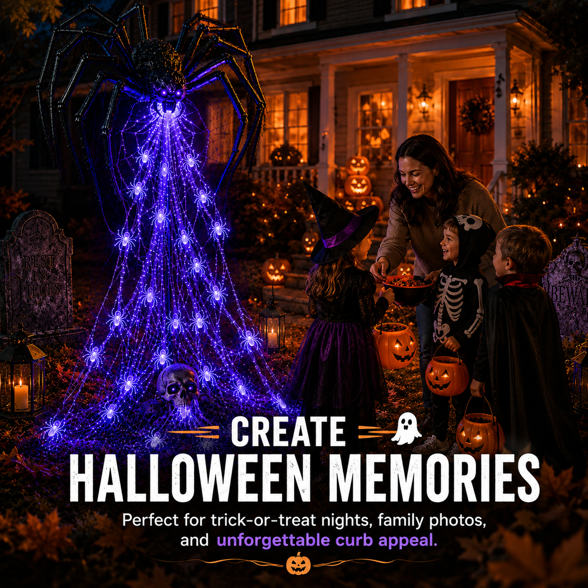 🔥HOT SALE 50% OFF -🕷️ Halloween Spider Web Light Show™ | Glowing LED Spider Yard Decor for Spooky Outdoor Displays