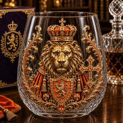 🦁👑 3D Royal Lion Glass Art Cup | Luxury Raised Whiskey Glass with Crowned Lion Design, Collectible Barware & Gift for Whiskey Lovers