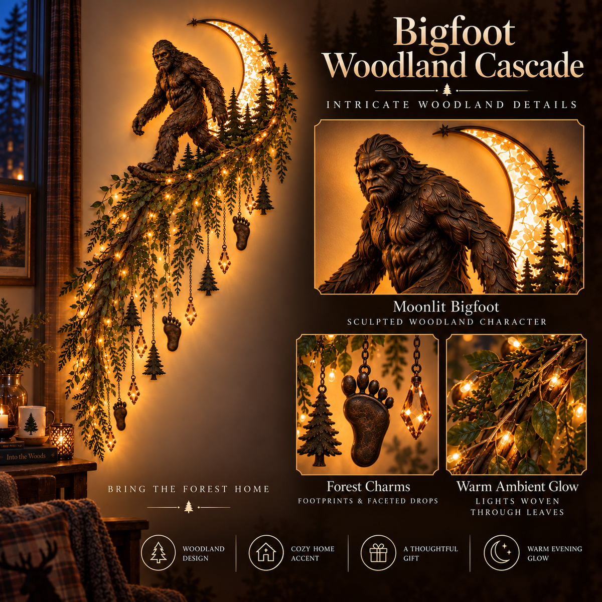 🌙🦍 Bigfoot Moonlight Cascade Wall Light – Enchanted Forest Décor