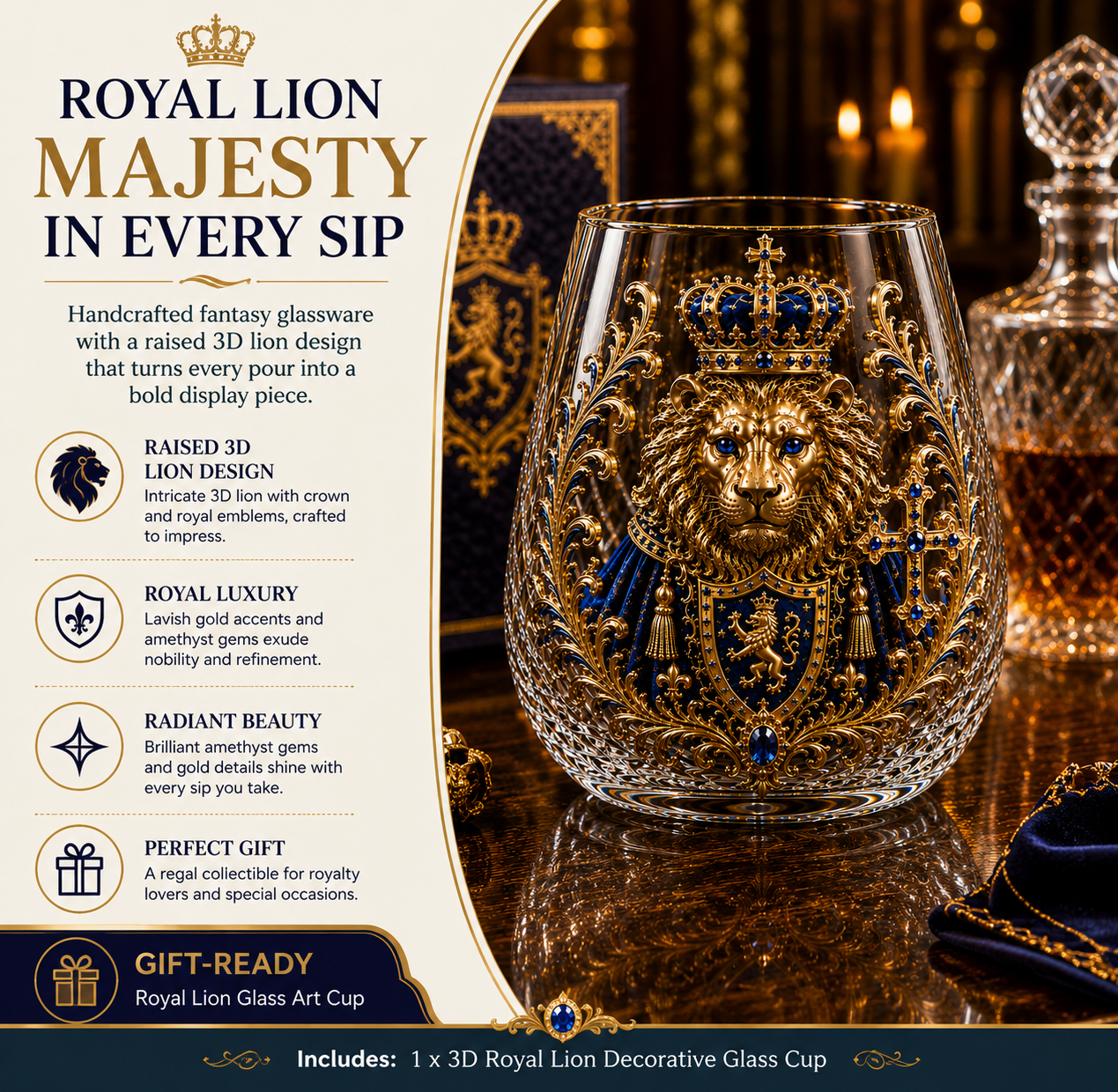 🦁👑 3D Royal Lion Glass Art Cup | Luxury Raised Whiskey Glass with Crowned Lion Design, Collectible Barware & Gift for Whiskey Lovers
