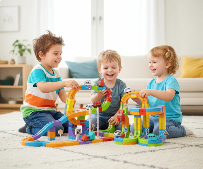 Children playing with 3D magic track train set Australia
