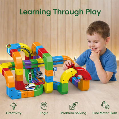 Kids learning through play with MontiMeadow train track STEM toy
