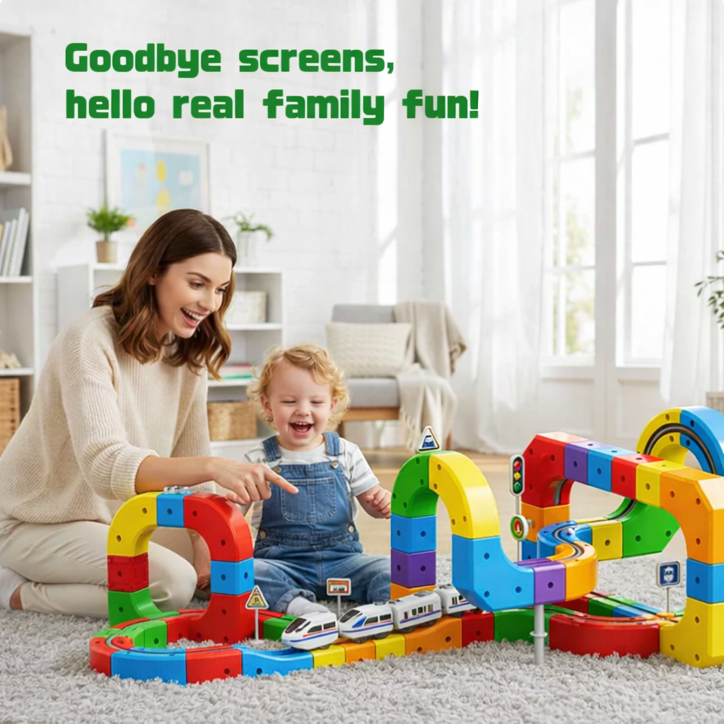 Mum and son building magic track train set together screen free play