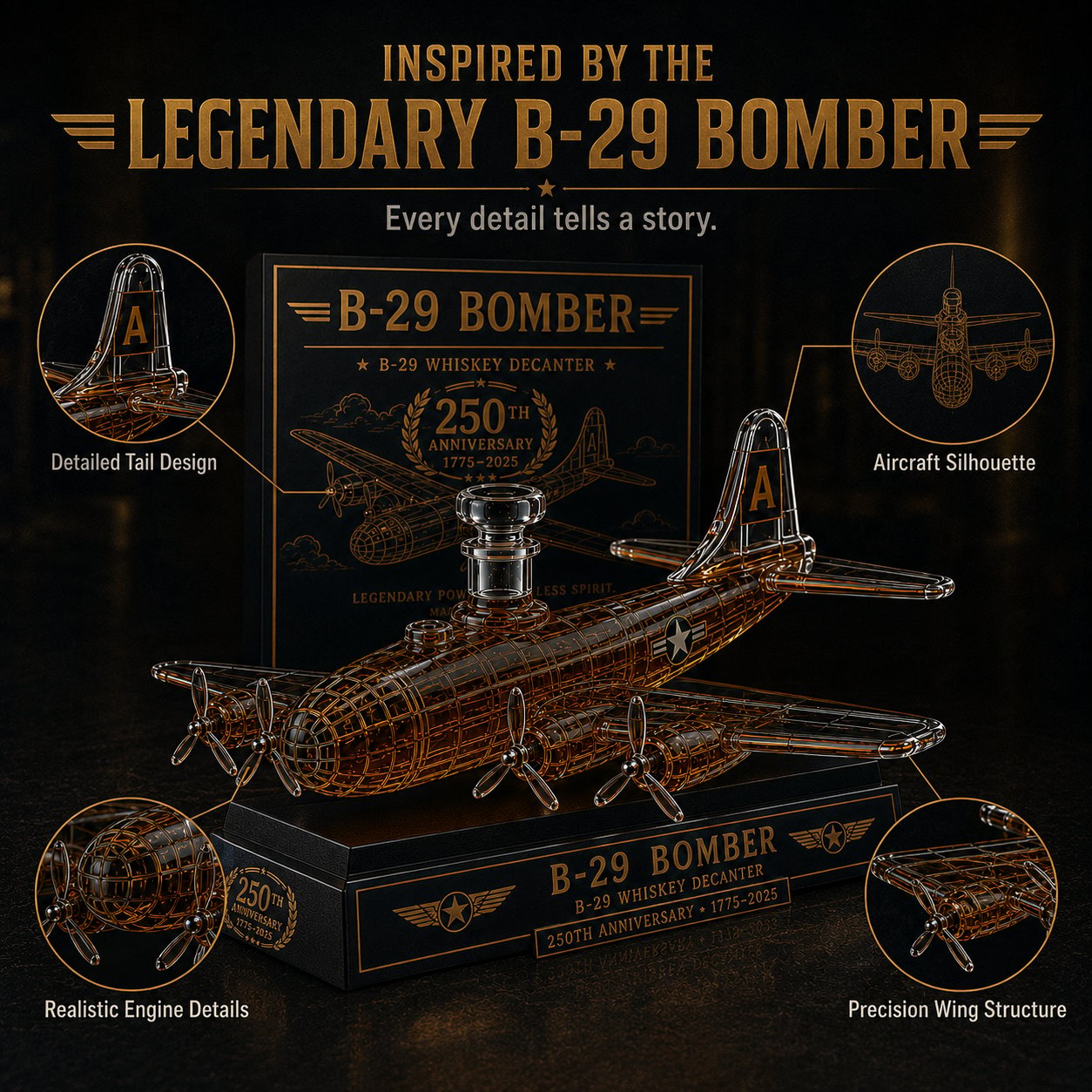 B-29 Bomber Collectible Whiskey Decanter, American Aviation History Inspired Glass Bottle with Display Base, 250th Anniversary Limited Style Gift