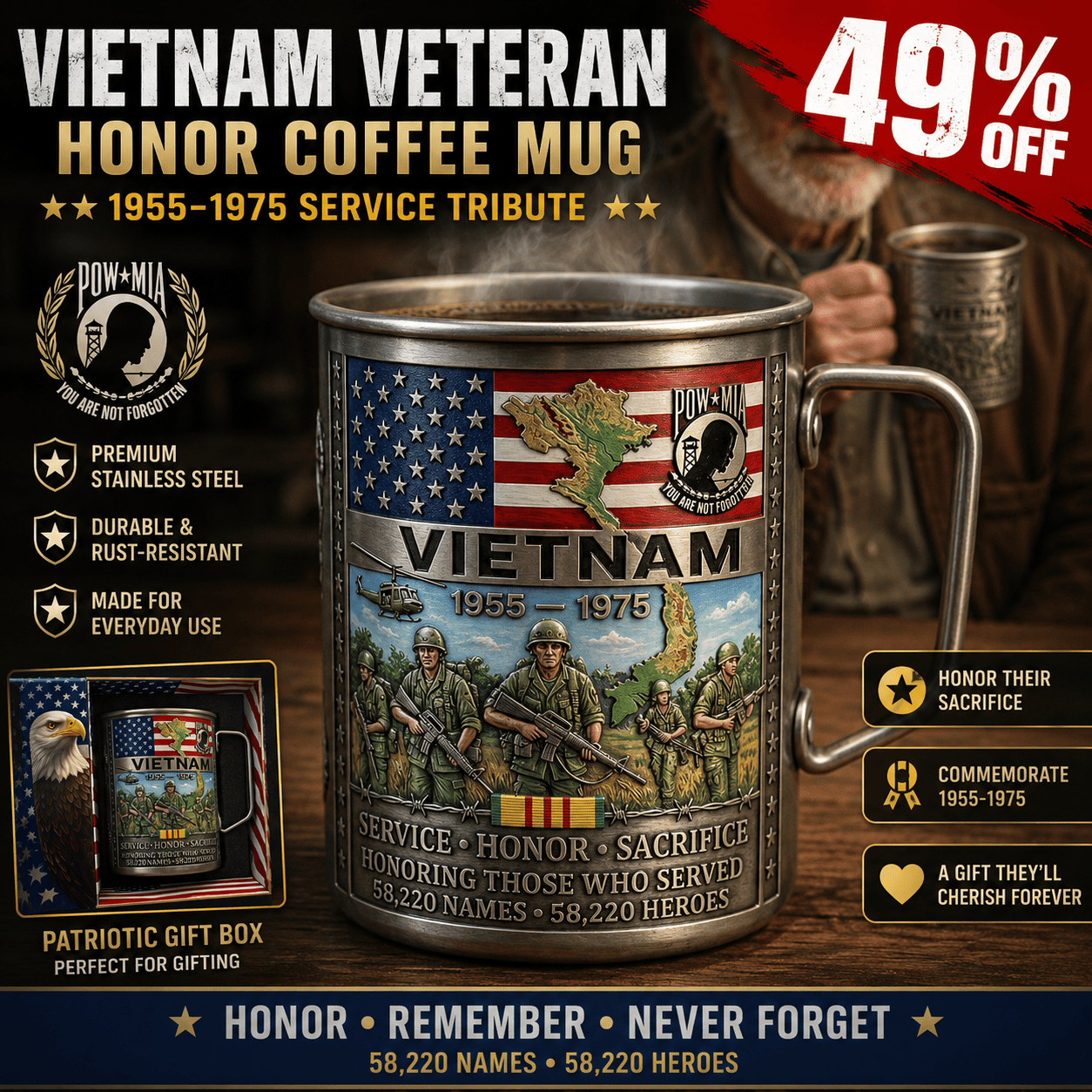🔥LAST DAY 49% OFF 🎖️Vietnam Veteran Honor Coffee Mug – 1955-1975 Service Tribute