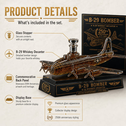 B-29 Bomber Collectible Whiskey Decanter, American Aviation History Inspired Glass Bottle with Display Base, 250th Anniversary Limited Style Gift