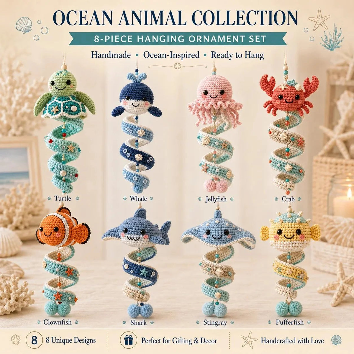 🌊Sea-animal themed crochet hanging kit (spiral) for beginners | Complete kit with all tools and step-by-step guide included💕