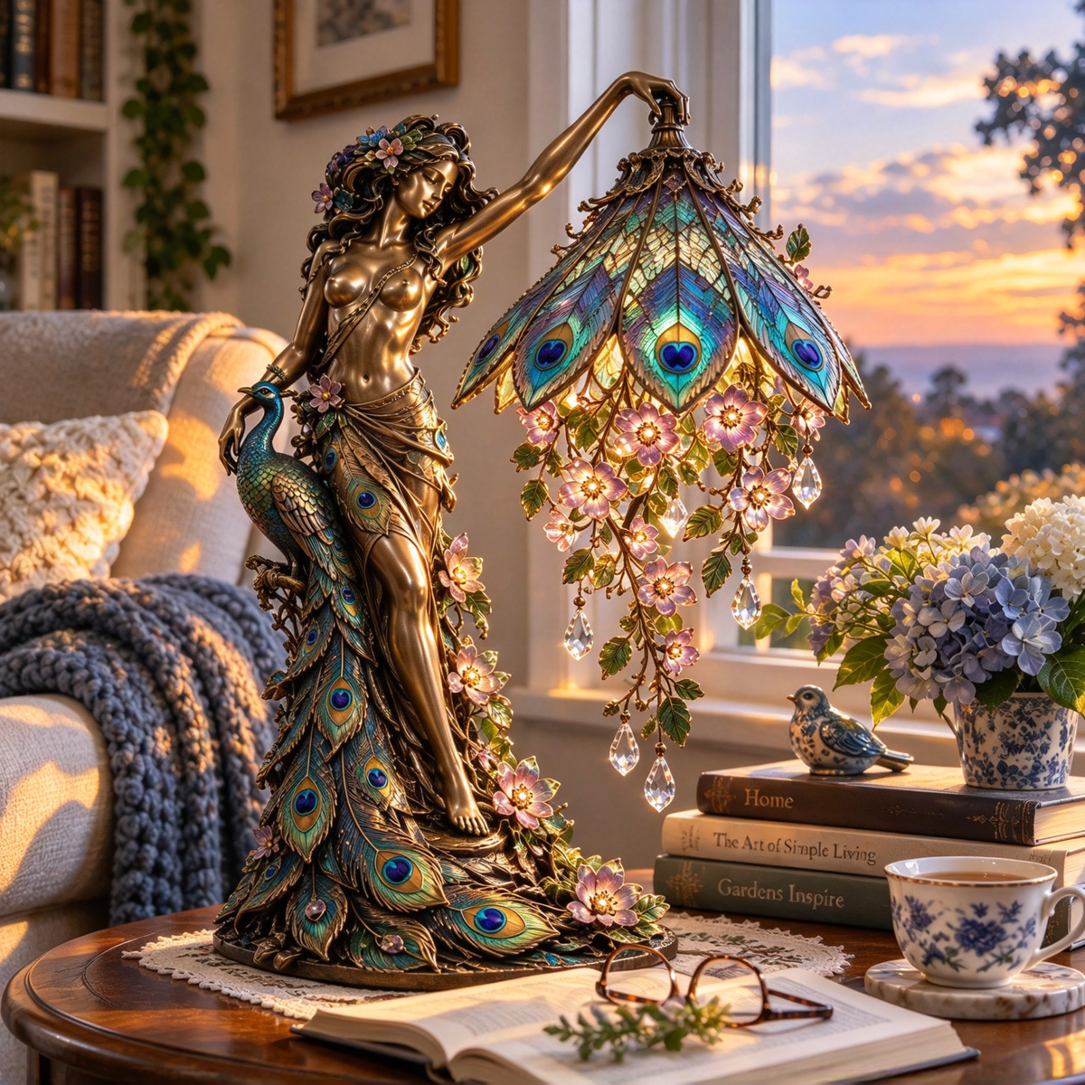🦚 Peacock Goddess Stained Glass Table Lamp ✨