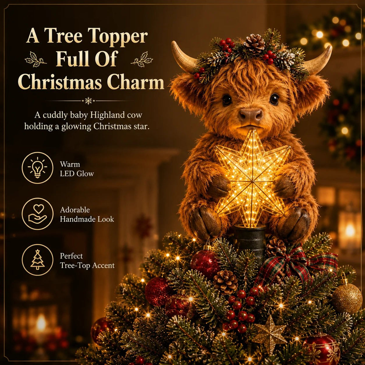 🎄✨Baby Highland Cow Glowing Star Tree Topper