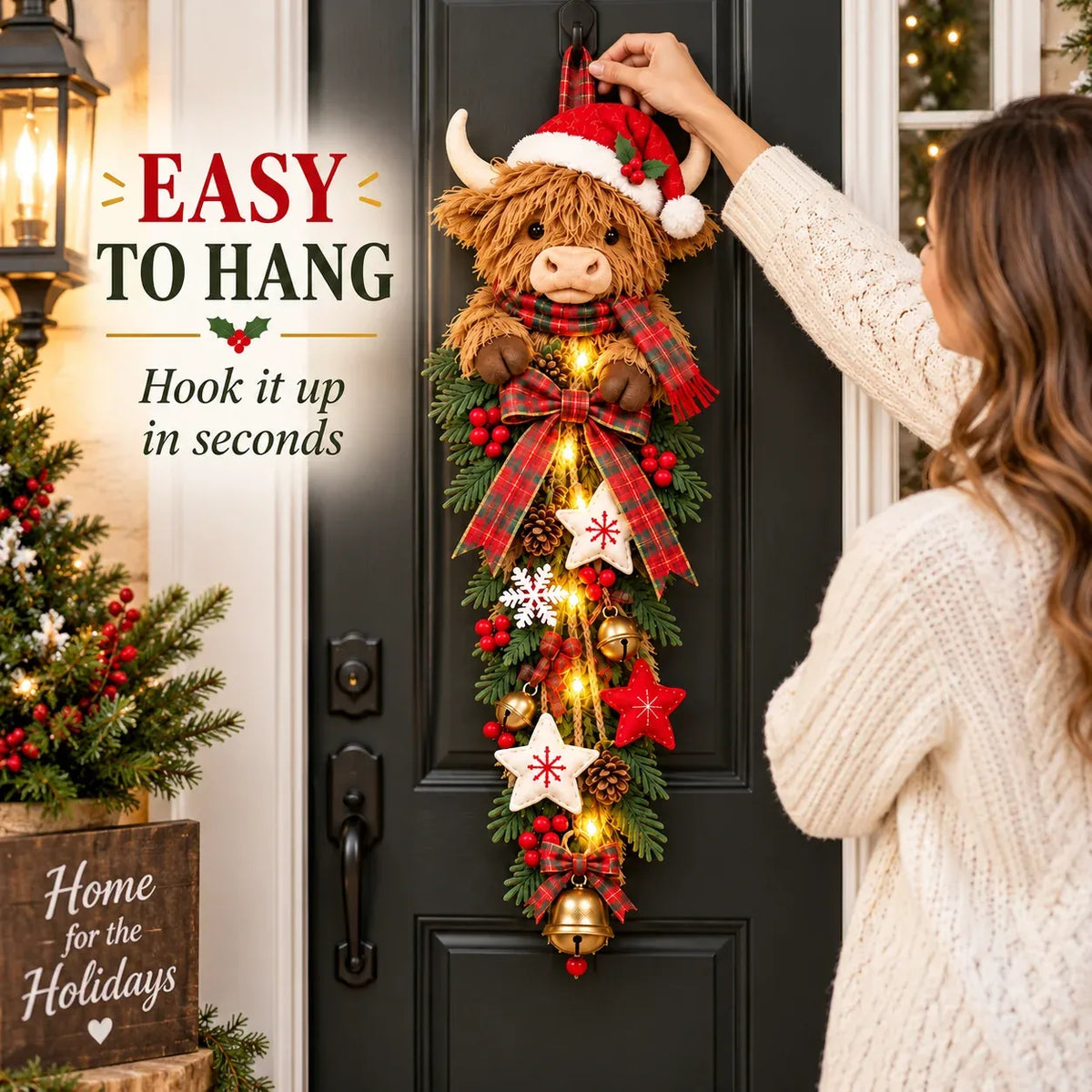 ✨🎄Lighted Highland CowChristmas Door Swag - ACozy Holiday Welcome
