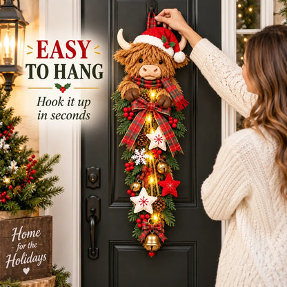 ✨🎄Lighted Highland CowChristmas Door Swag - ACozy Holiday Welcome