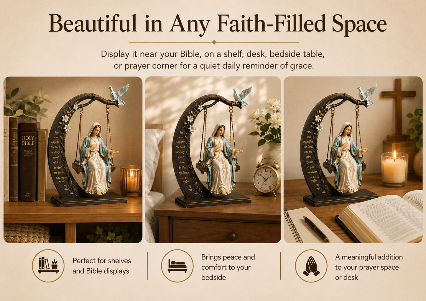 ✝️ Blessed Mary Cradle Swing Ornament – Luke 1:46–47 Faith Table Decor | Holy Virgin Prayer Sculpture with Dove & Crescent Arch Home Decoration