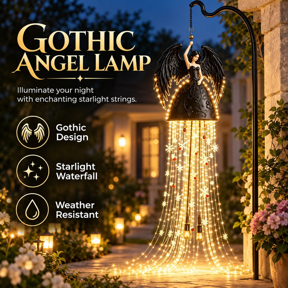 Gothic Dark Angel Starlight Waterfall Outdoor Resin Garden Light