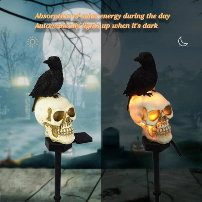 Animated Raven Skull Solar Garden Stake – Spooky Moving Halloween Outdoor Yard Decor(2 PCS)