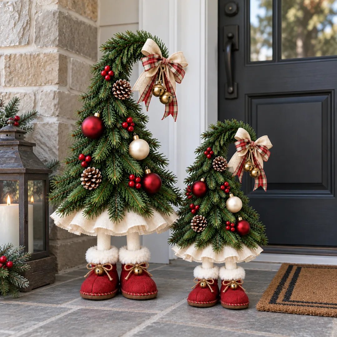 Large and small whimsical Christmas elf trees with red boots decorating a covered entryway