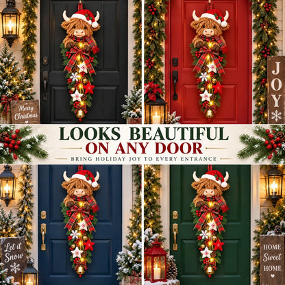 ✨🎄Lighted Highland CowChristmas Door Swag - ACozy Holiday Welcome