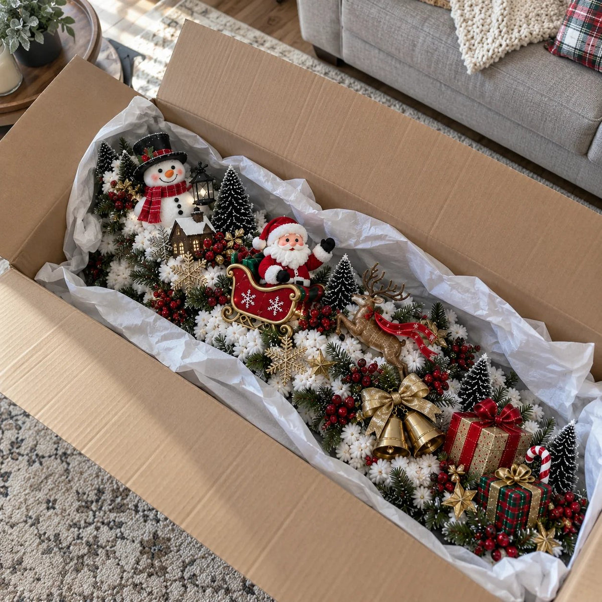 🎅 Santa’s Sleigh Snowy Stair Railing Decor | Pre-Lit Christmas Banister Garland