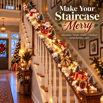 🎅 Santa’s Sleigh Snowy Stair Railing Decor | Pre-Lit Christmas Banister Garland