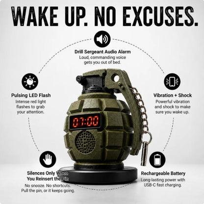 Grenade Alarm Clock with Interactive Safety Ring Deactivation; Military Tactical Style with Powerful Sound Alarm for Men and Teens