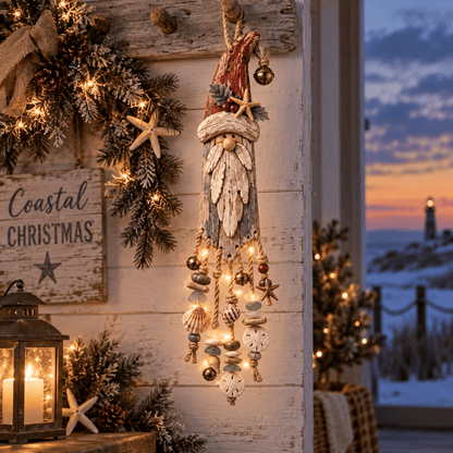 🔔🎄Vintage Coastal Santa Lighted Wall Decor – Beach House Christmas Hanging with Starfish, Shells & Warm Glow🌙