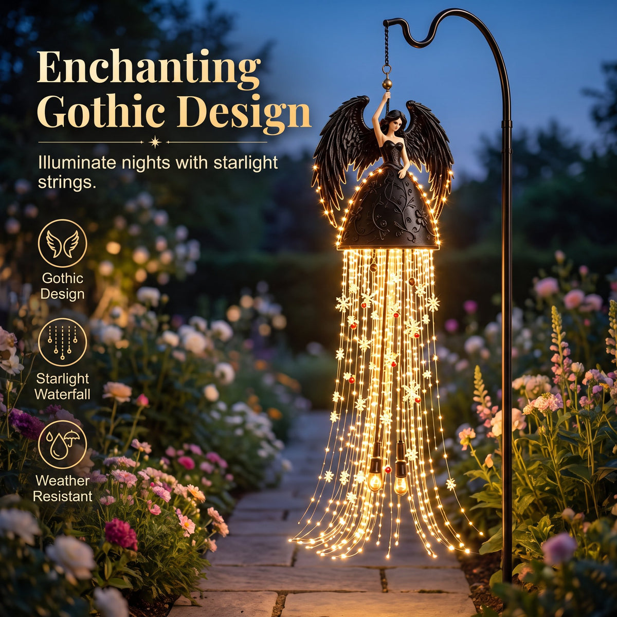 Gothic Dark Angel Starlight Waterfall Outdoor Resin Garden Light