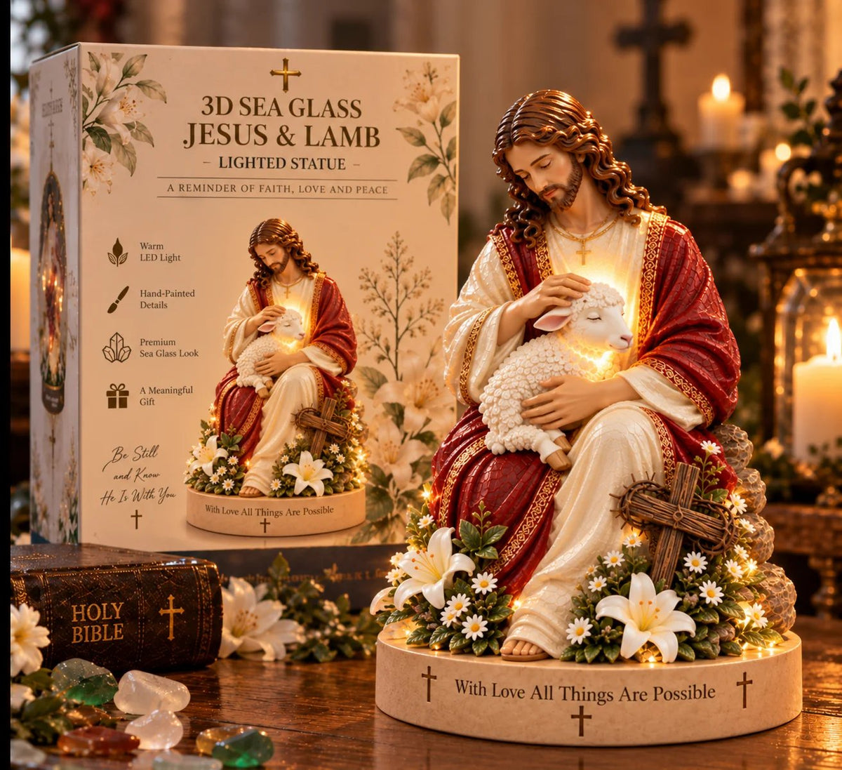 🔥 60,000+ Sold! ✝️ Jesus & Lamb Lighted Sea Glass Statue — A Beautiful Symbol of Faith