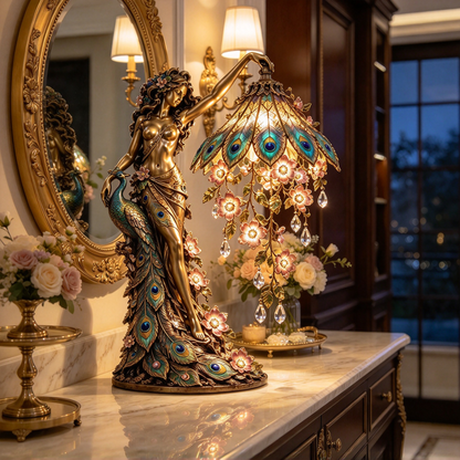 🦚 Peacock Goddess Stained Glass Table Lamp ✨