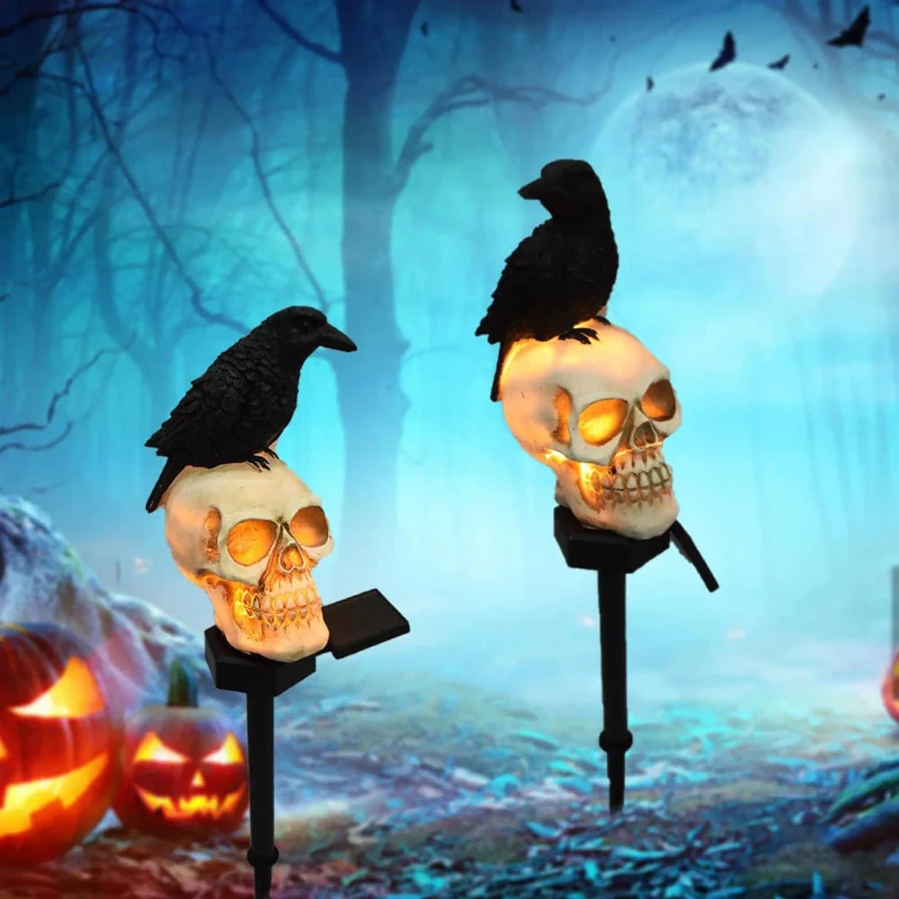 Animated Raven Skull Solar Garden Stake – Spooky Moving Halloween Outdoor Yard Decor(2 PCS)