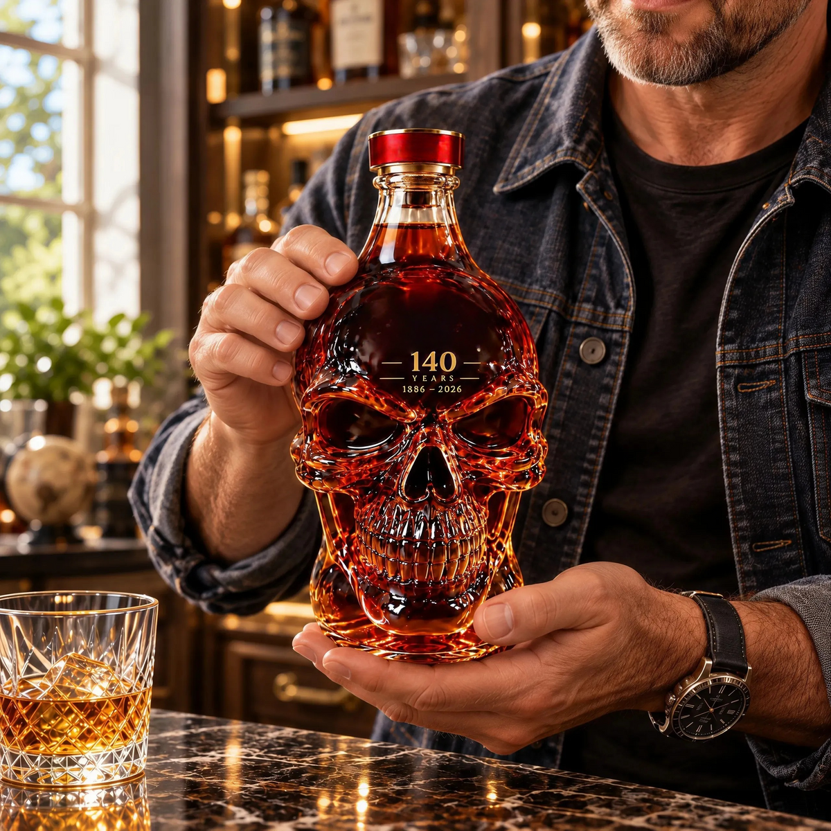 140th Anniversary Commemorative Skull-Shaped Whiskey Bottle