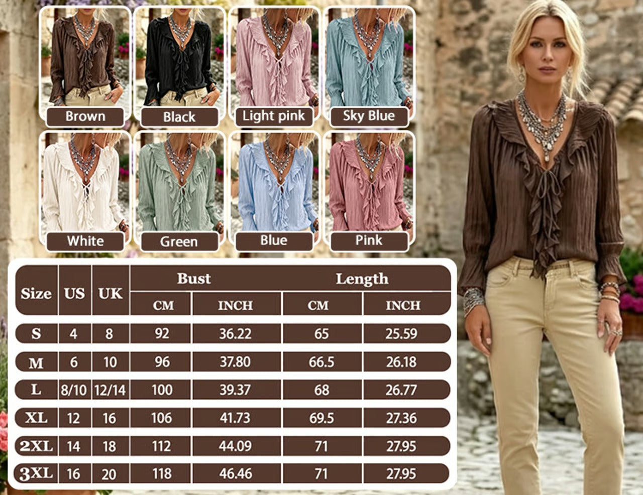 Ruffle Trim Lace-Up Long Sleeve Blouse