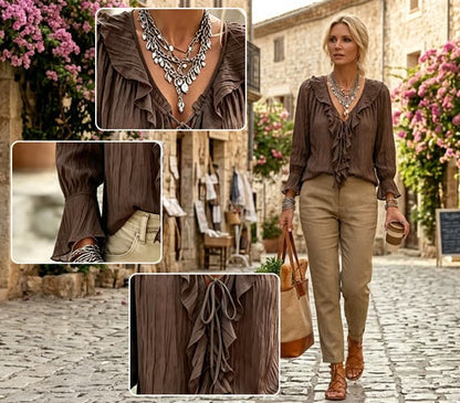 Ruffle Trim Lace-Up Long Sleeve Blouse