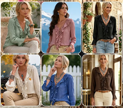 Ruffle Trim Lace-Up Long Sleeve Blouse