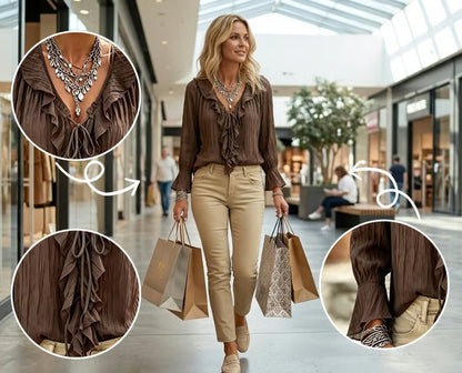 Ruffle Trim Lace-Up Long Sleeve Blouse