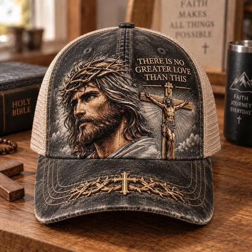 There Is No Greater Love Christian Jesus Hat – Vintage Crown of Thorns & Cross Faith Trucker Cap