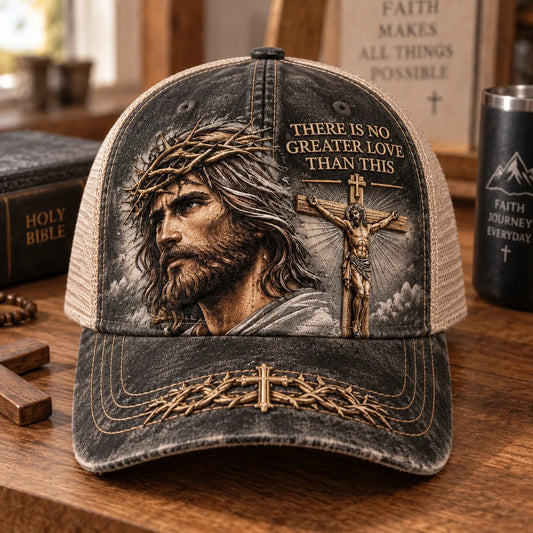 There Is No Greater Love Christian Jesus Hat – Vintage Crown of Thorns & Cross Faith Trucker Cap