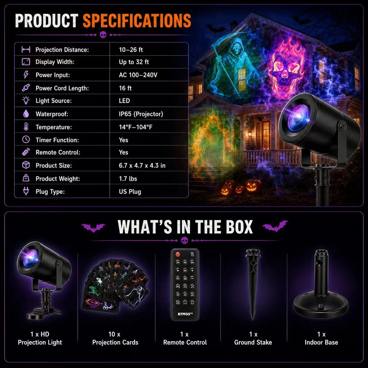 🎃 32ft HD Halloween Projector | Make your Halloween party amazing | 10 Unique HD Projection Patterns