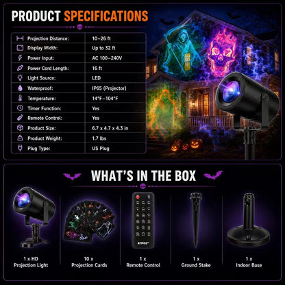 🎃 32ft HD Halloween Projector | Make your Halloween party amazing | 10 Unique HD Projection Patterns