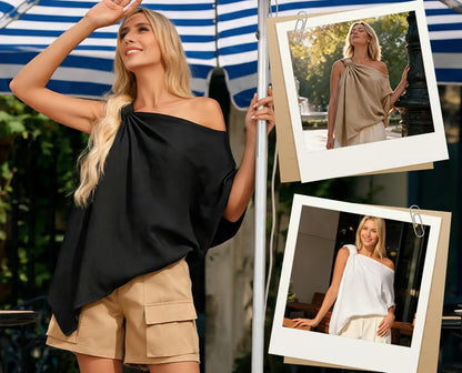 The “Natural Elegance” cotton-linen one-shoulder top