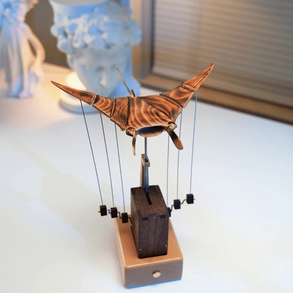 Front view of wooden manta ray automaton