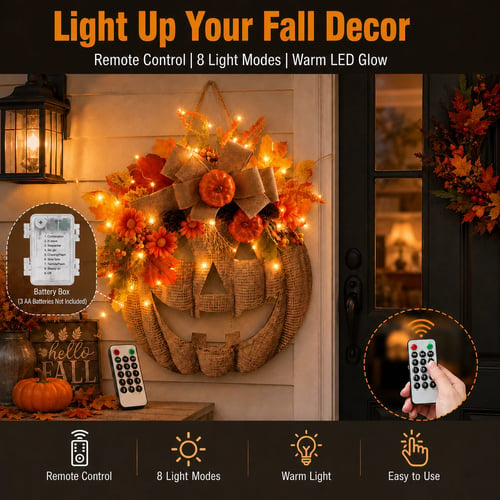 🎉🎃✨ Lighted Burlap Pumpkin Wreath