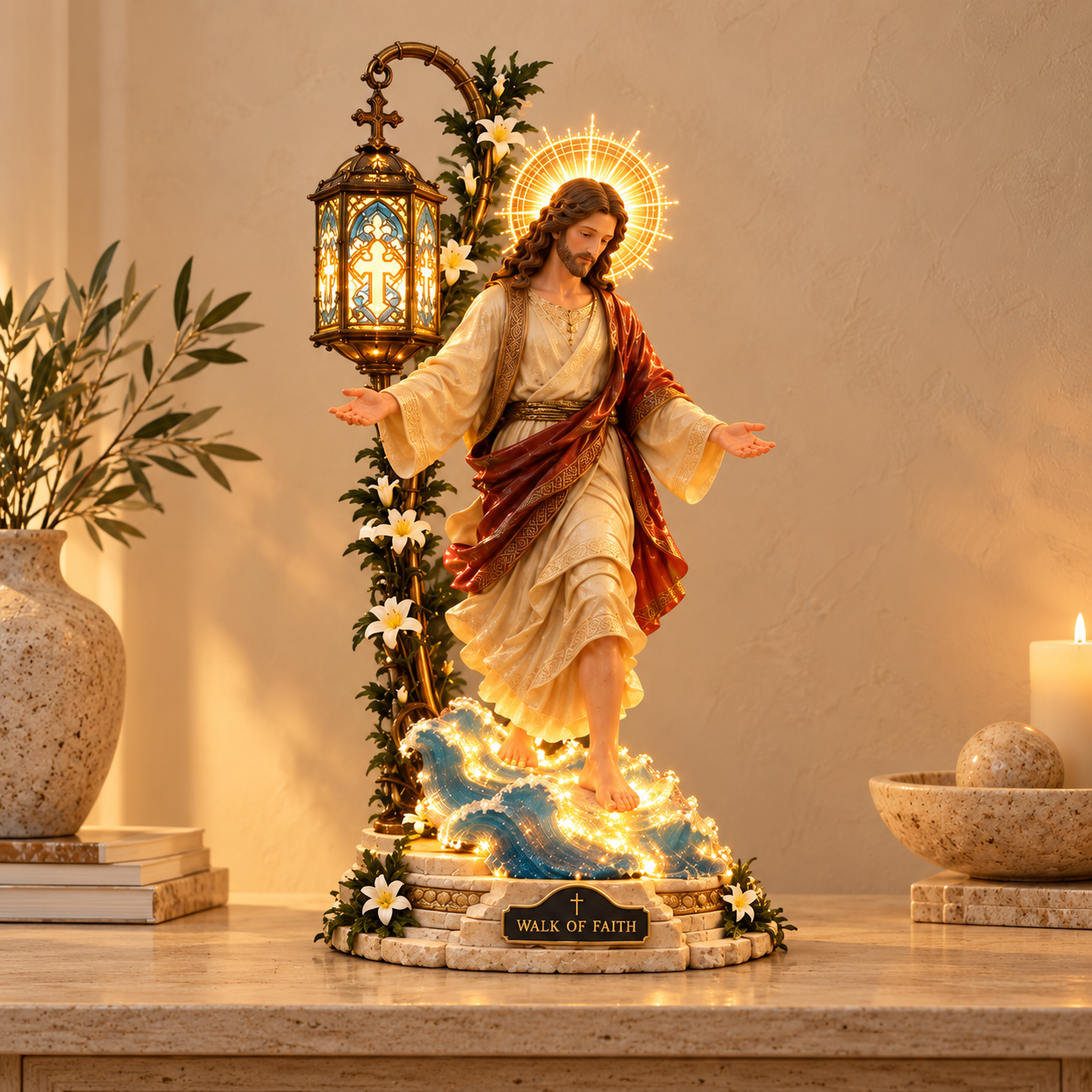 Walk by Faith illuminated Jesus walking on water display