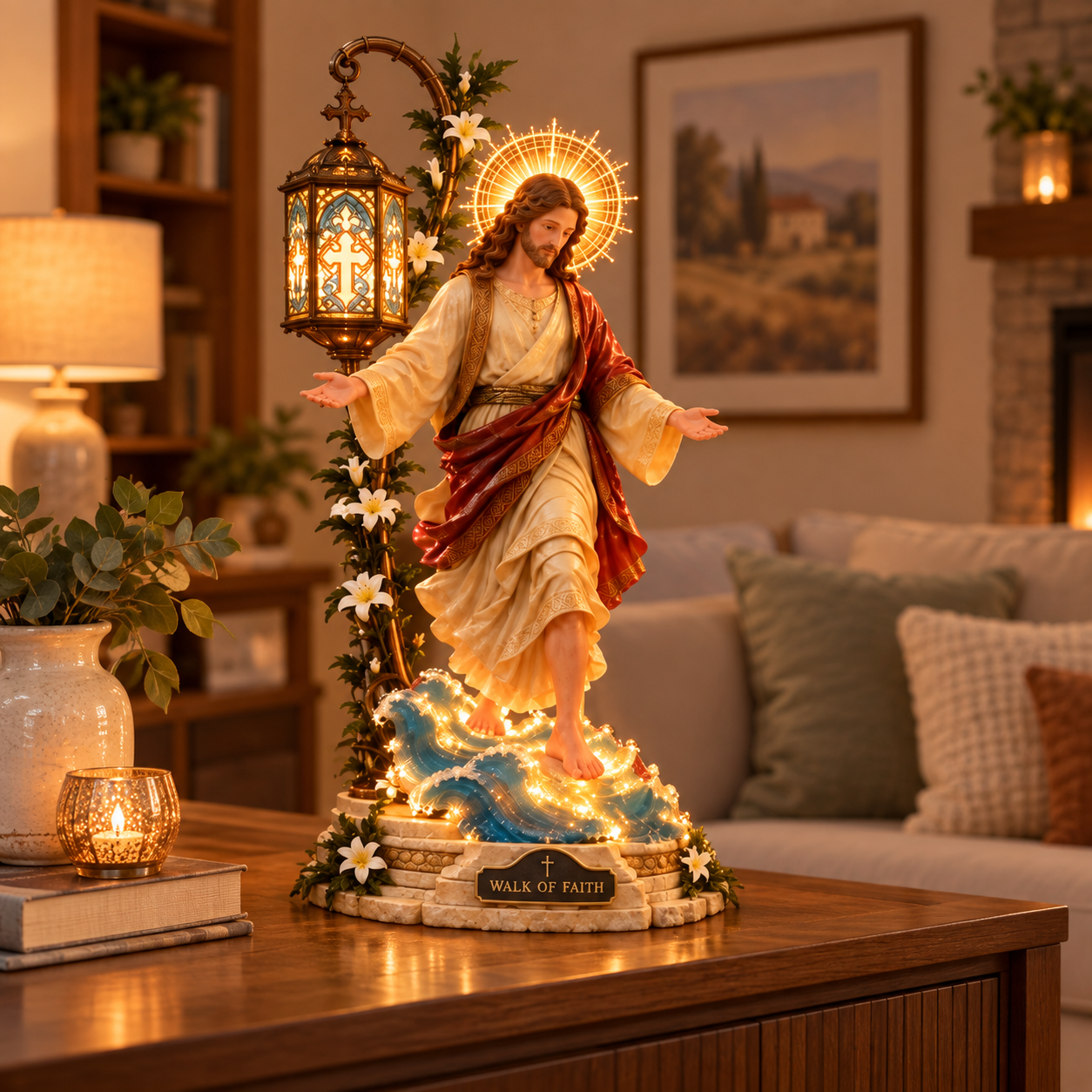 Walk by Faith light displayed in a warm living room